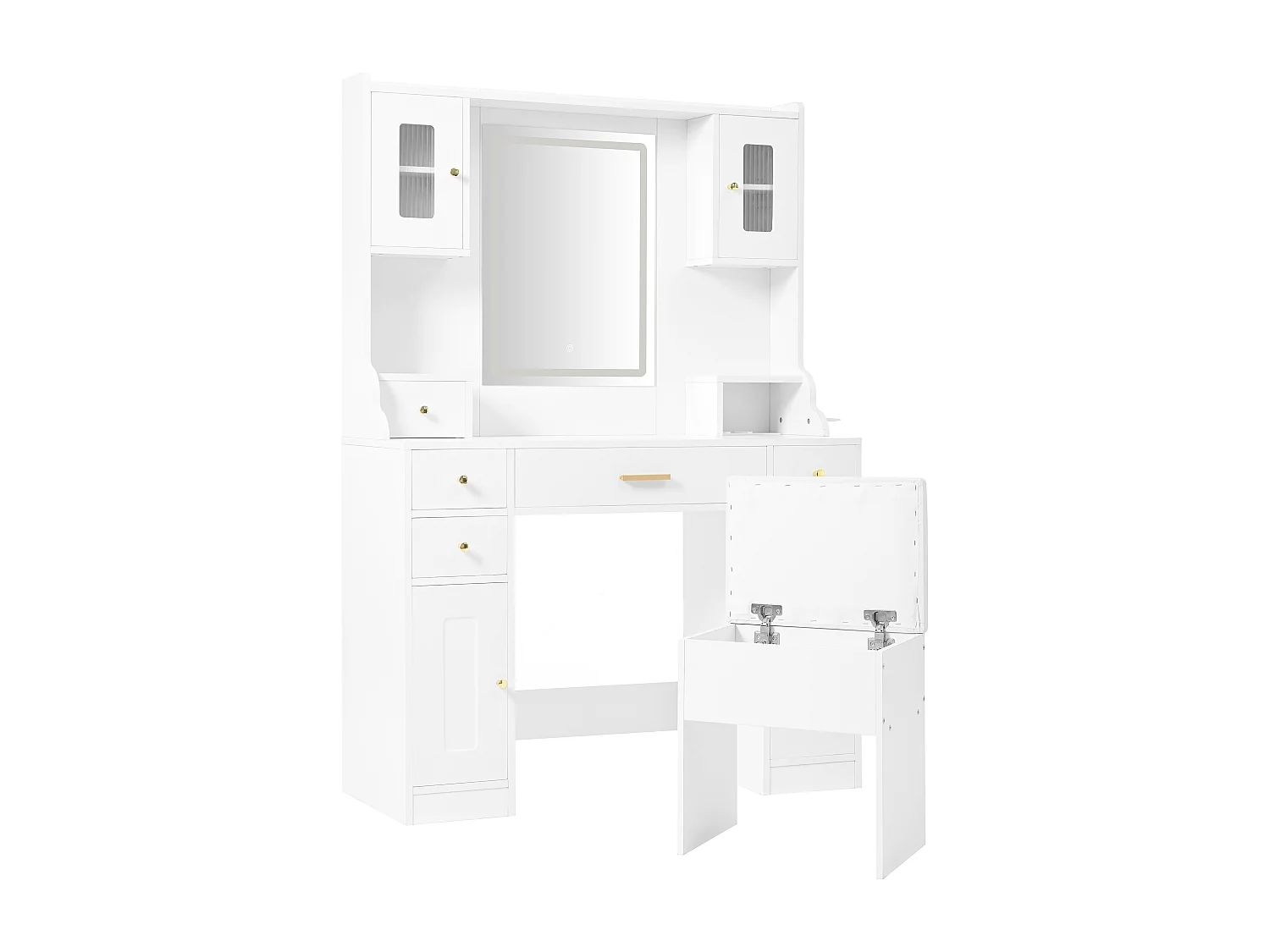 Verstelbare kaptafel met LED-verlichting, stopcontacten, spiegel, 6 lades en 4 deuren, MDF, wit (105×152×40 cm)