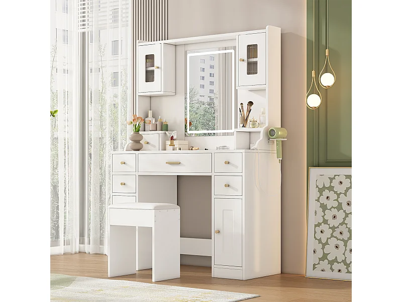 Verstelbare kaptafel met LED-verlichting, stopcontacten, spiegel, 6 lades en 4 deuren, MDF, wit (105×152×40 cm)