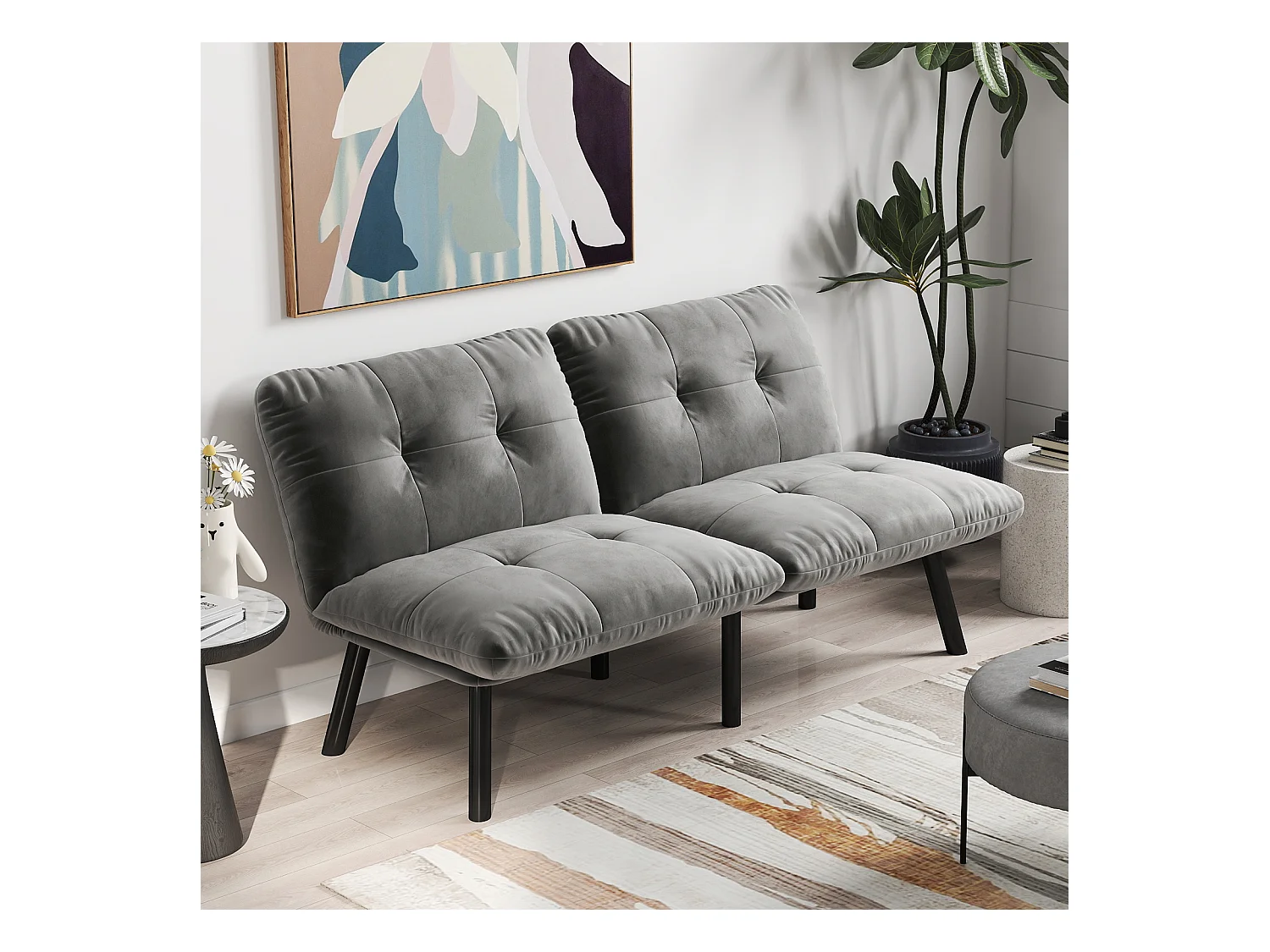 Canapé-lit 2 places convertible, design moderne, velours et métal, gris (160x81x78 cm)