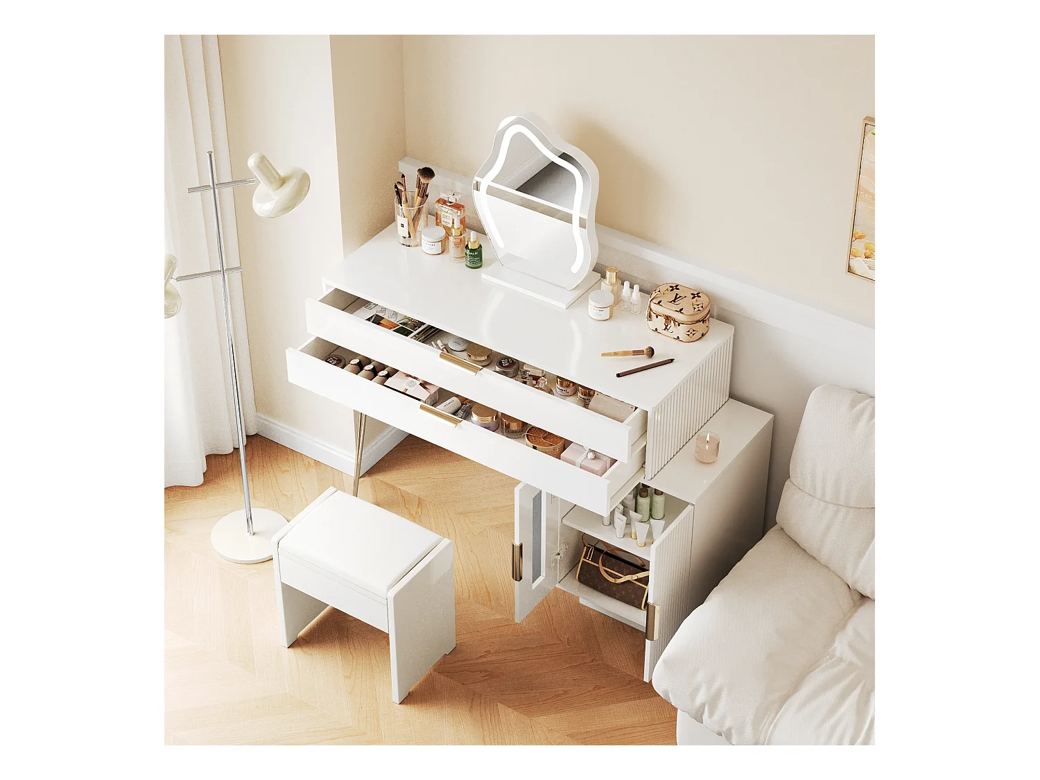 Kaptafel met LED-spiegel, uitschuifbaar design, spaanplaat, wit (100x40x78cm)