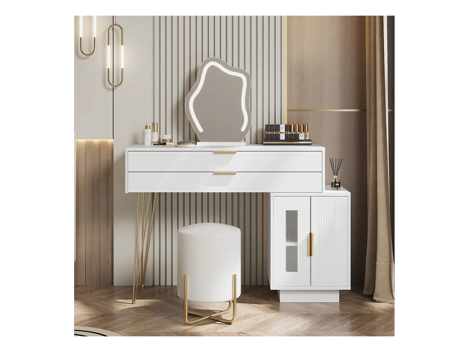 Kaptafel met LED-spiegel, uitschuifbaar design, spaanplaat, wit (100x40x78cm)