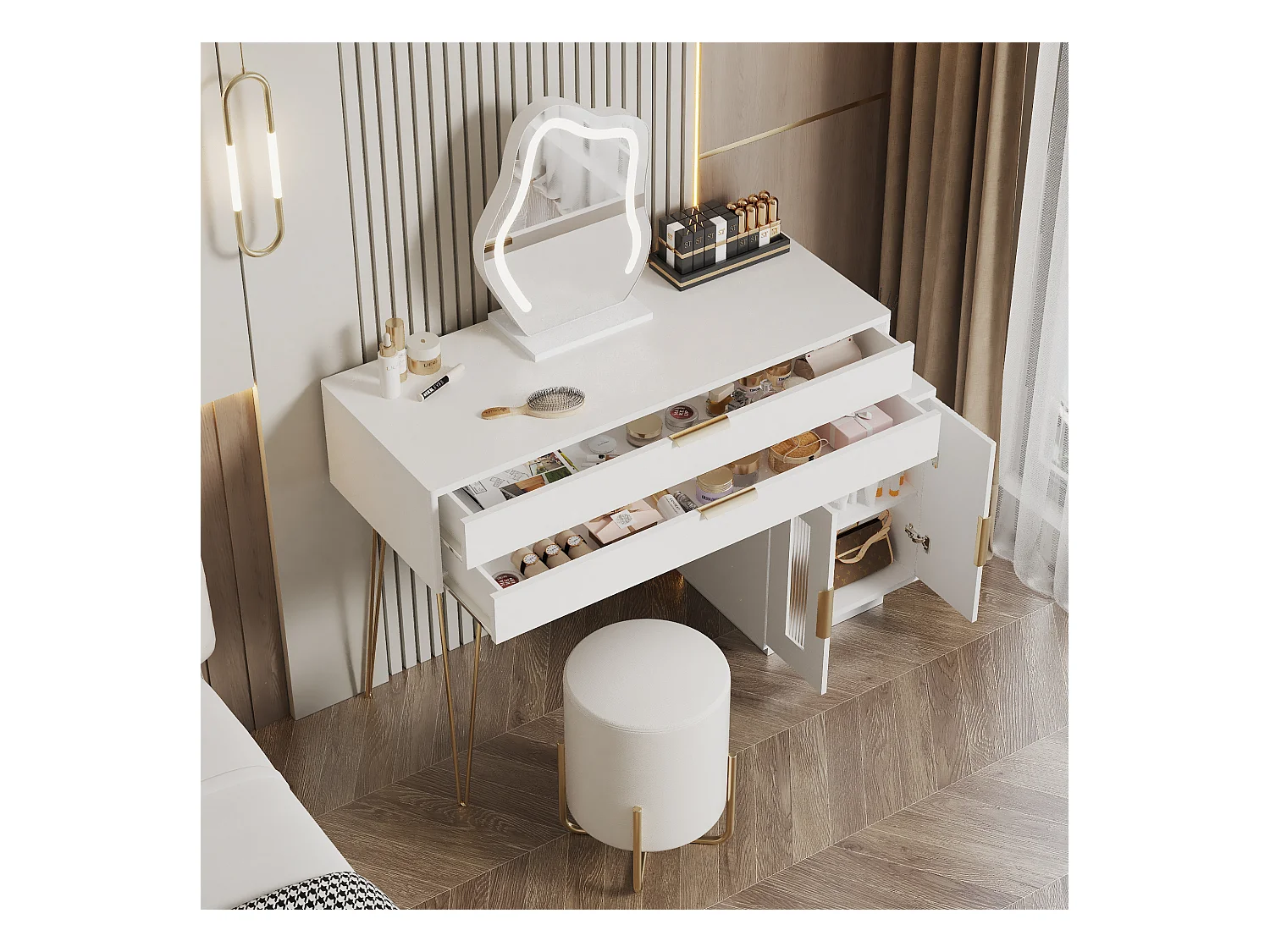 Kaptafel met LED-spiegel, uitschuifbaar design, spaanplaat, wit (100x40x78cm)