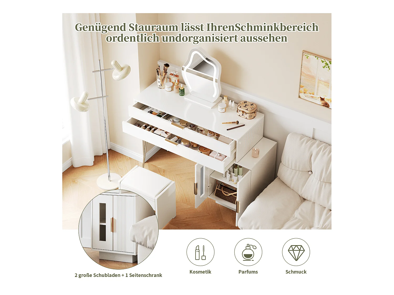 Kaptafel met LED-spiegel, uitschuifbaar design, spaanplaat, wit (100x40x78cm)