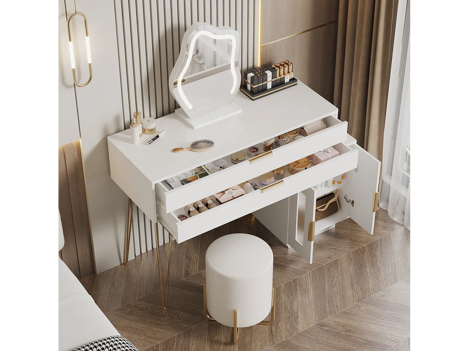 Coiffeuse avec miroir LED, design extensible, panneau de particules, blanc (100x40x78cm)