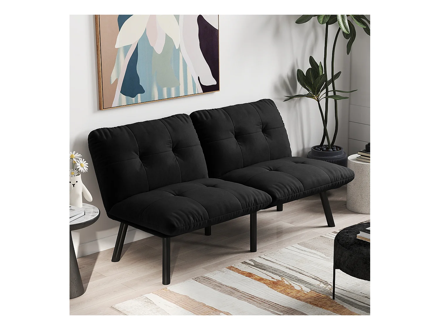 Canapé-lit 2 places convertible, design moderne, velours et métal, noir (160x81x78 cm)