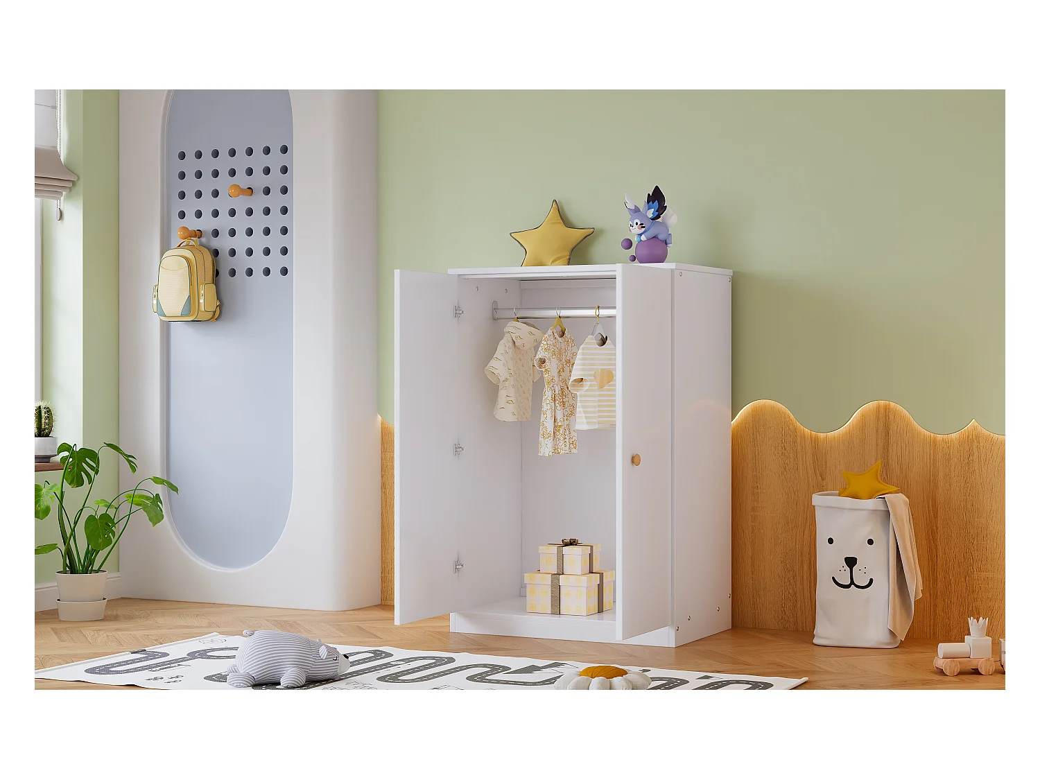 Armoire 2 portes avec barre à vêtements, design compact, MDF, blanc (80x50x120cm)