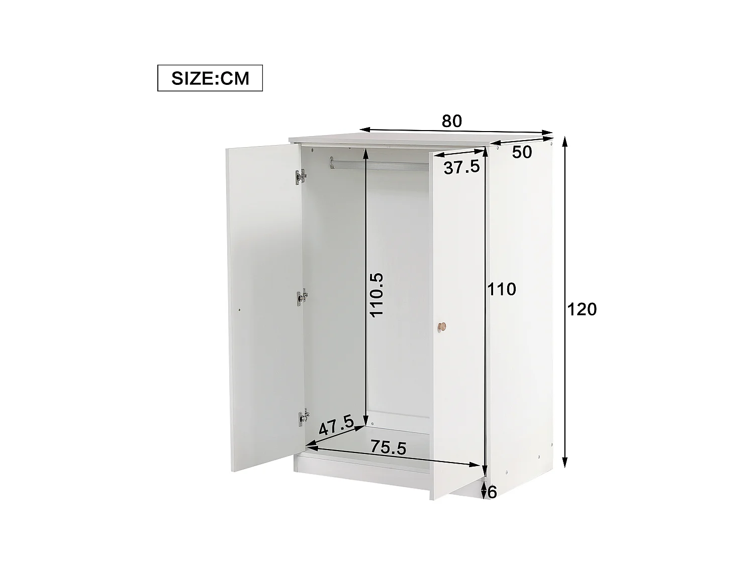 Armario de 2 puertas con barra para ropa, diseño compacto, MDF, blanco (80x50x120cm)