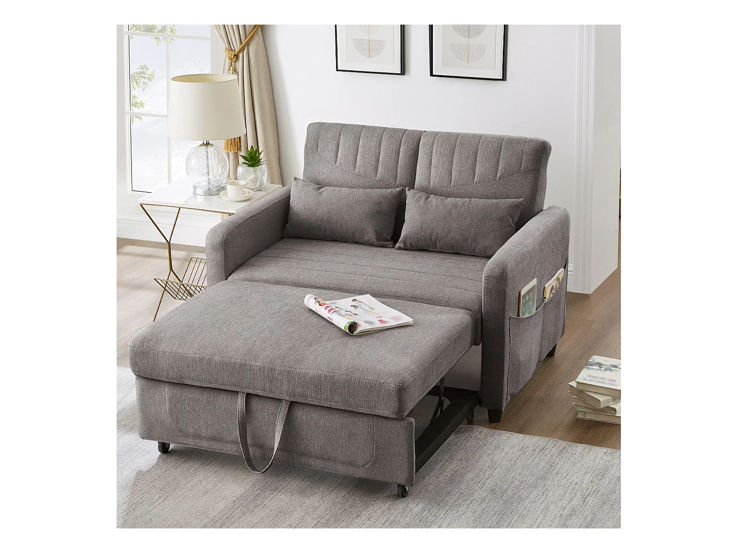 Canapé-lit convertible 2 places, design moderne et extensible, tissu coton-lin respirant, gris (114x77x82.5 cm)