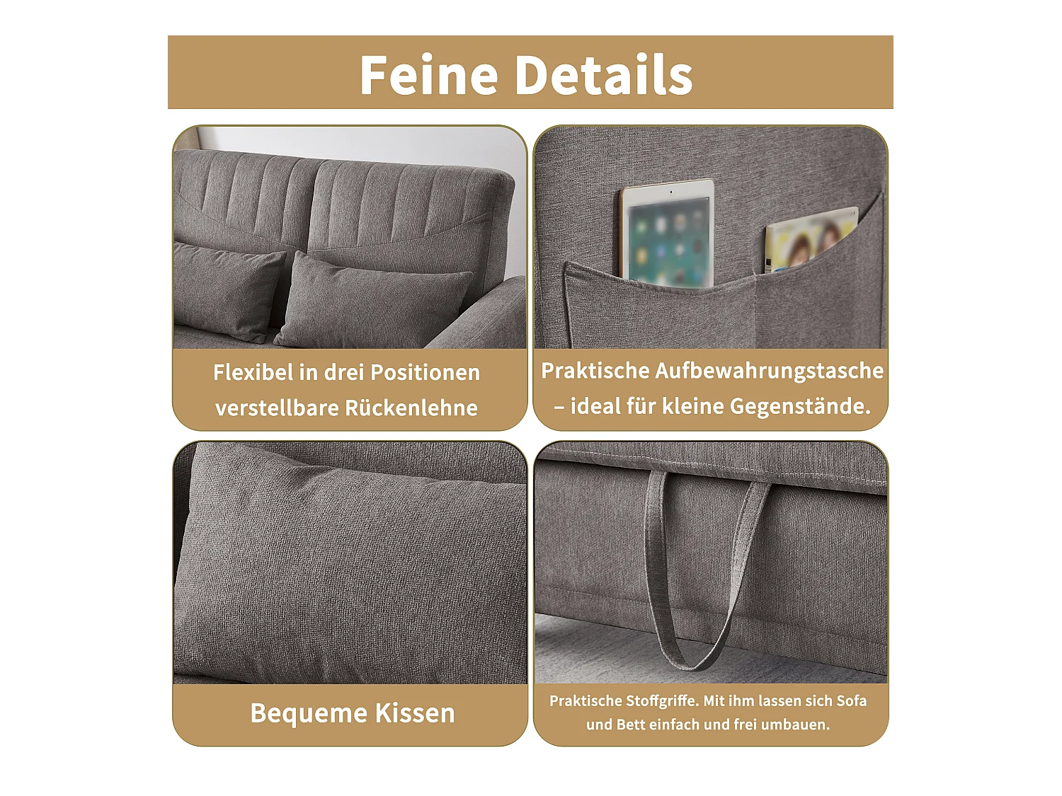 Canapé-lit convertible 2 places, design moderne et extensible, tissu coton-lin respirant, gris (114x77x82.5 cm)