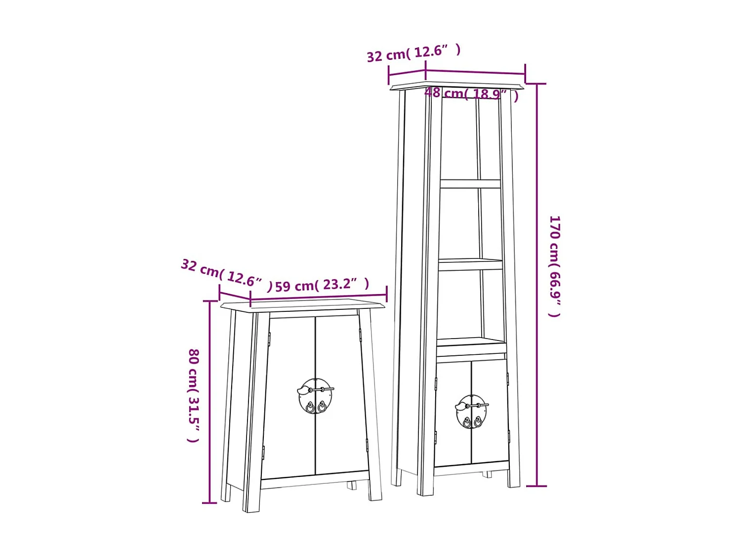 Set di mobili da bagno in 2 pezzi in legno massello di pino