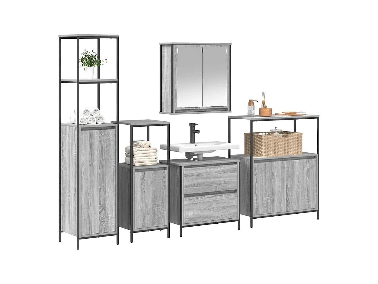 Conjunto de muebles de baño con estante 5 piezas gris