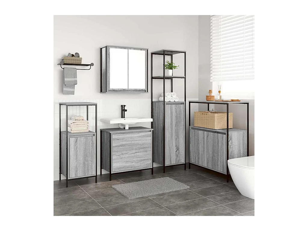 Ensemble de mobilier de salle de bain avec étagère 5 pcs Gris