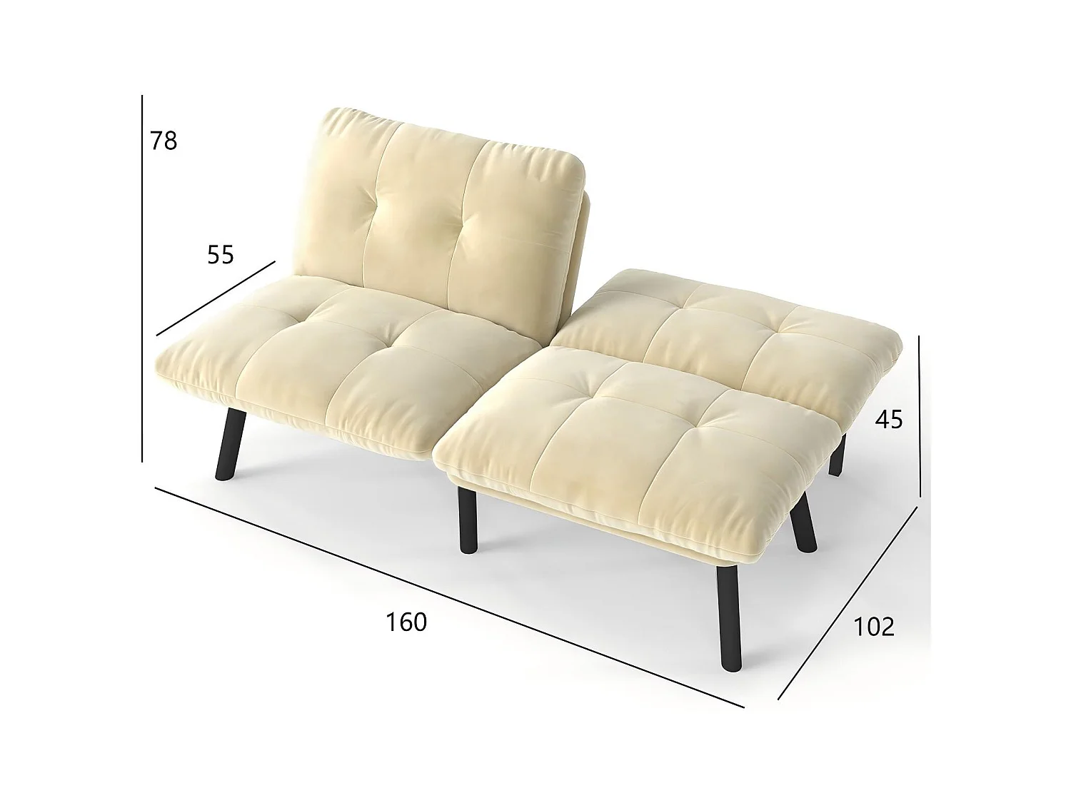 Canapé-lit convertible 2 places, design moderne, velours et métal, crème, avec fonction couchage (160x81x78 cm)