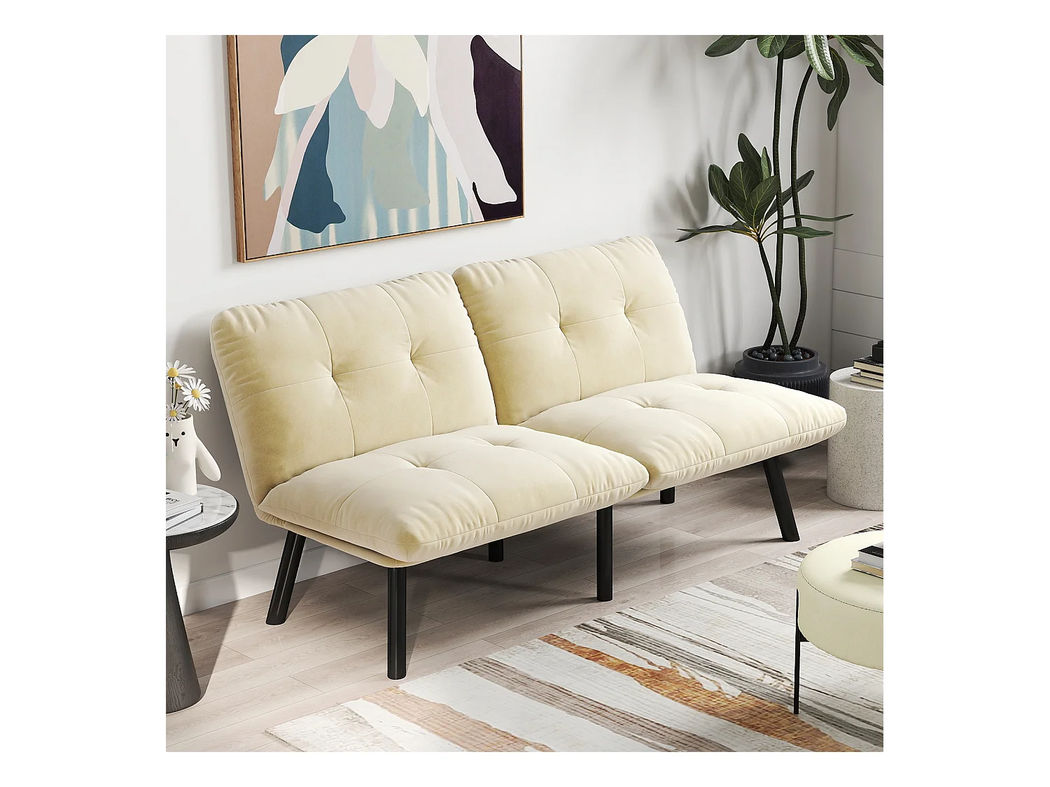 Canapé-lit convertible 2 places, design moderne, velours et métal, crème, avec fonction couchage (160x81x78 cm)