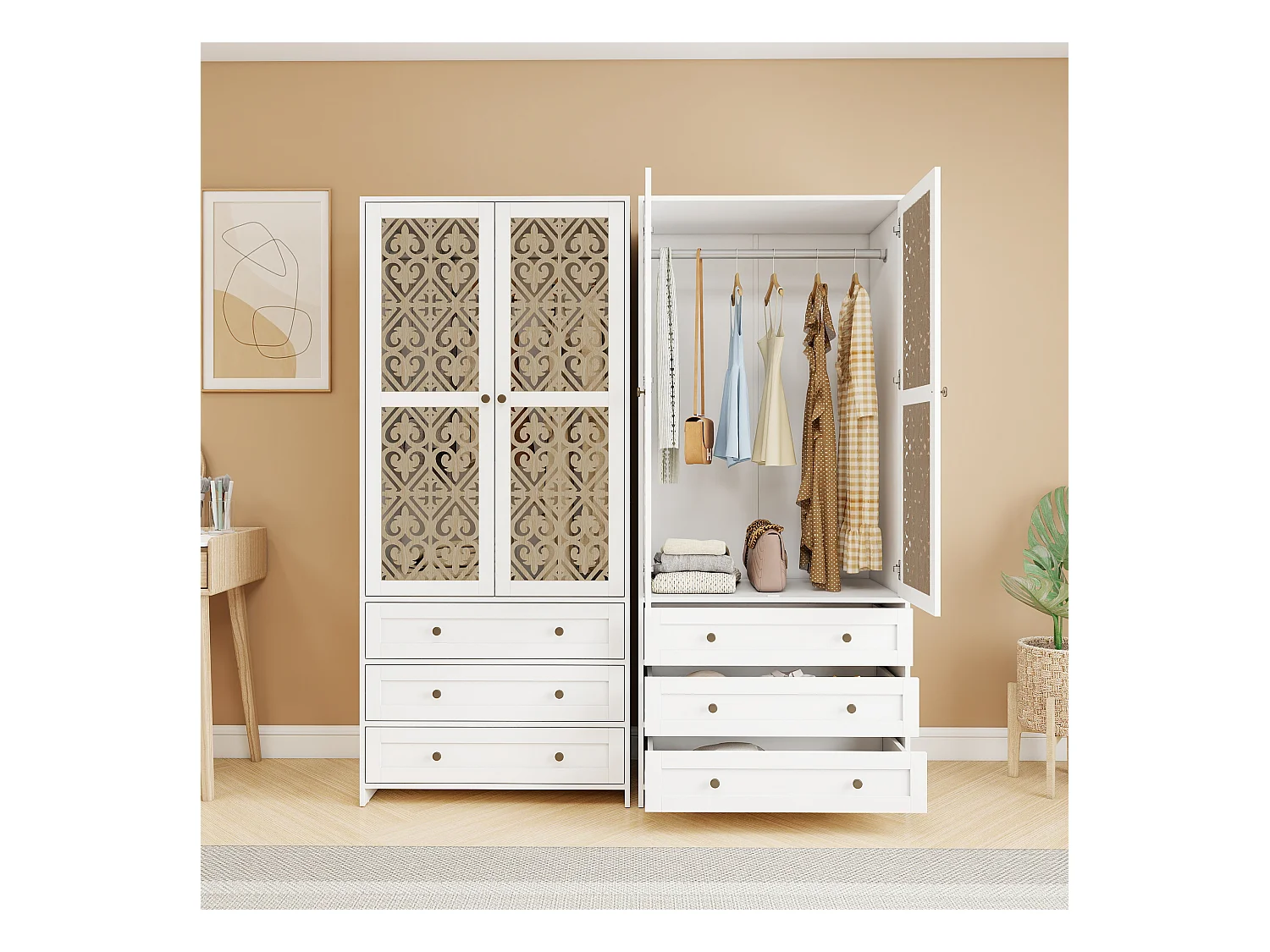 Armoire bohème blanche à motifs sculptés, panneau de particules, avec 3 tiroirs et barre à vêtements en alliage d'aluminium (80x48x180cm)
