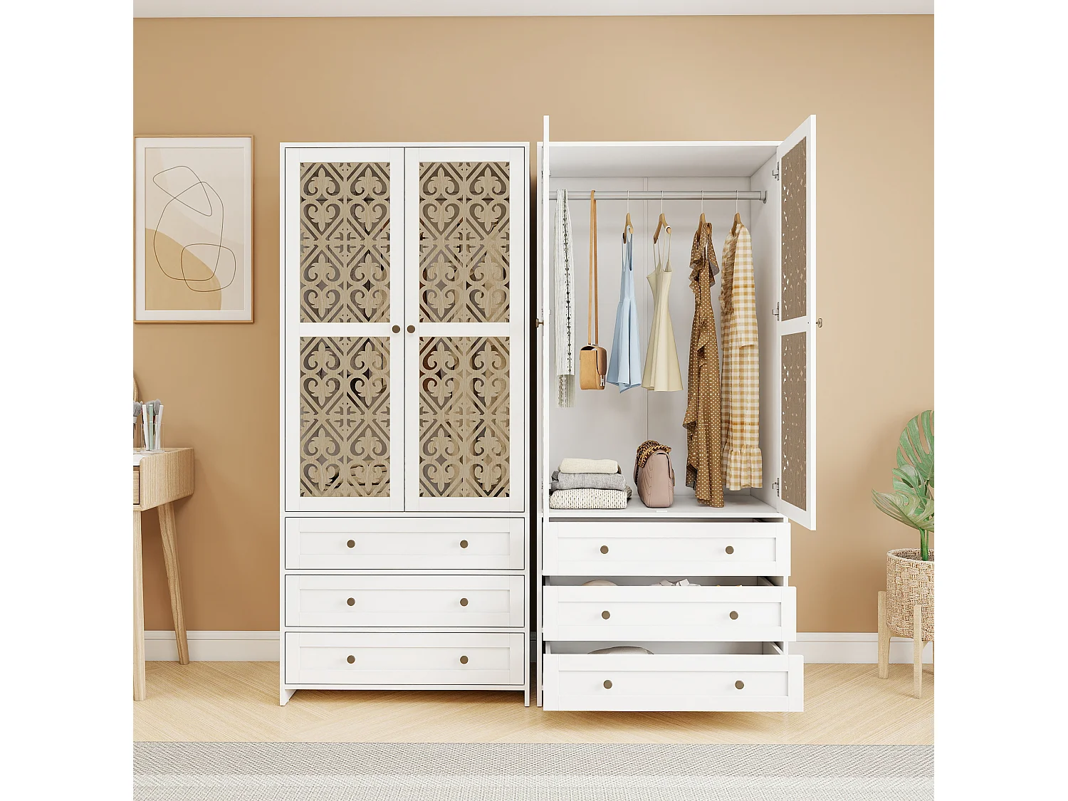 Armario bohemio blanco con motivos tallados, de aglomerado, con 3 cajones y barra de aluminio (80 x 48 x 180 cm)