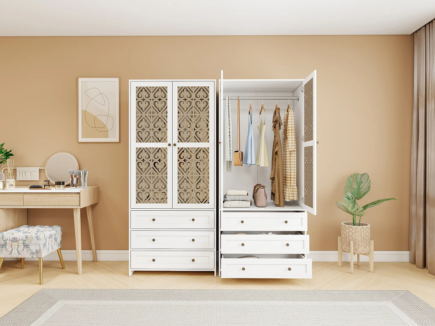 Armario bohemio blanco con motivos tallados, de aglomerado, con 3 cajones y barra de aluminio (80 x 48 x 180 cm)