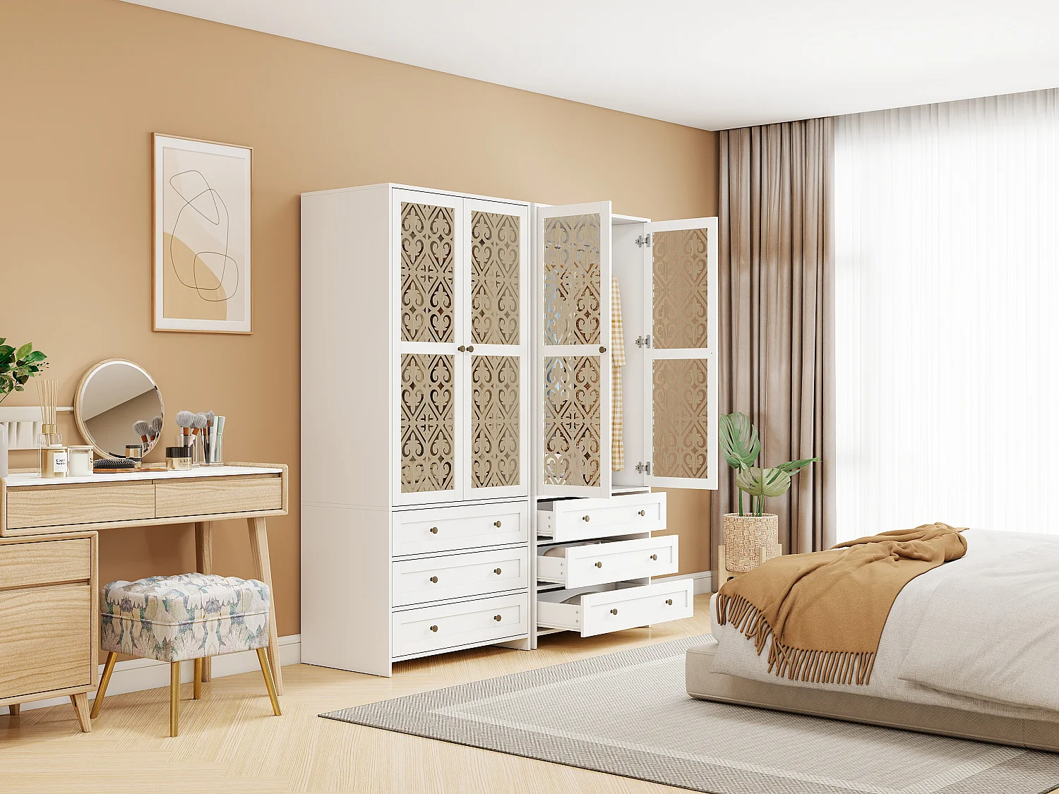 Armario bohemio blanco con motivos tallados, de aglomerado, con 3 cajones y barra de aluminio (80 x 48 x 180 cm)