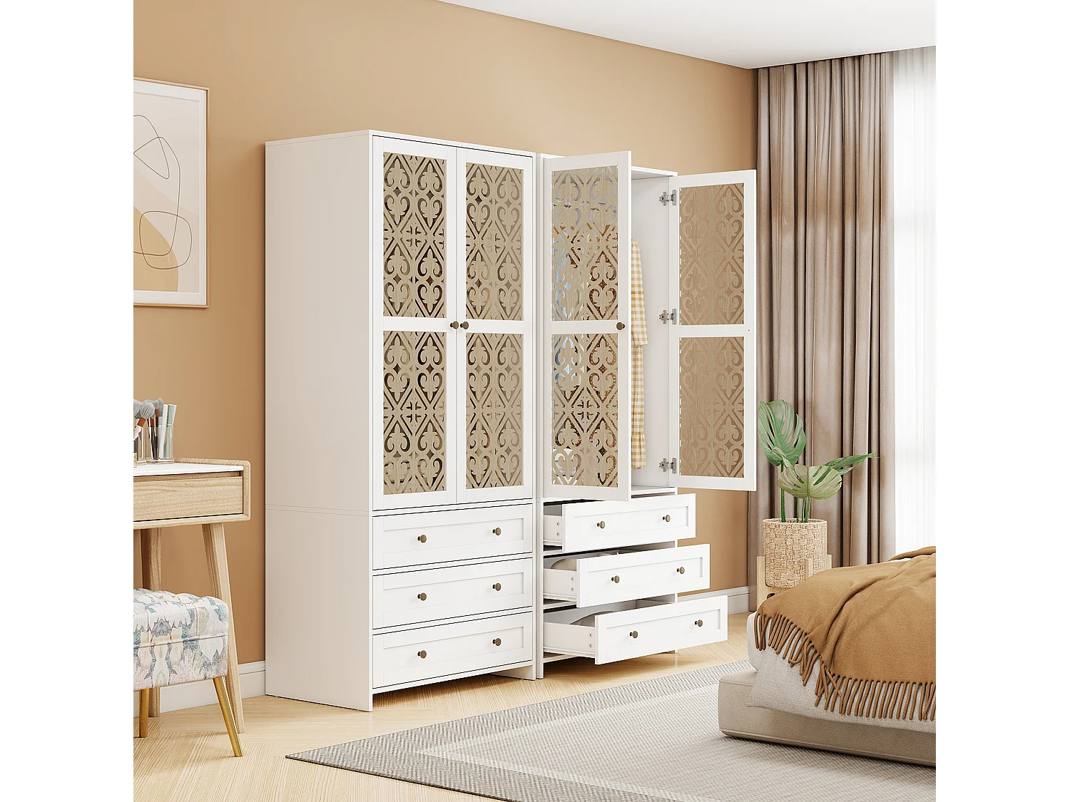 Armario bohemio blanco con motivos tallados, de aglomerado, con 3 cajones y barra de aluminio (80 x 48 x 180 cm)