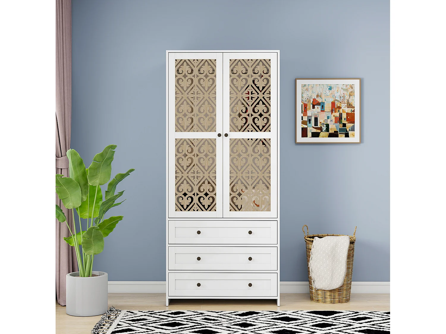 Armario bohemio blanco con motivos tallados, de aglomerado, con 3 cajones y barra de aluminio (80 x 48 x 180 cm)