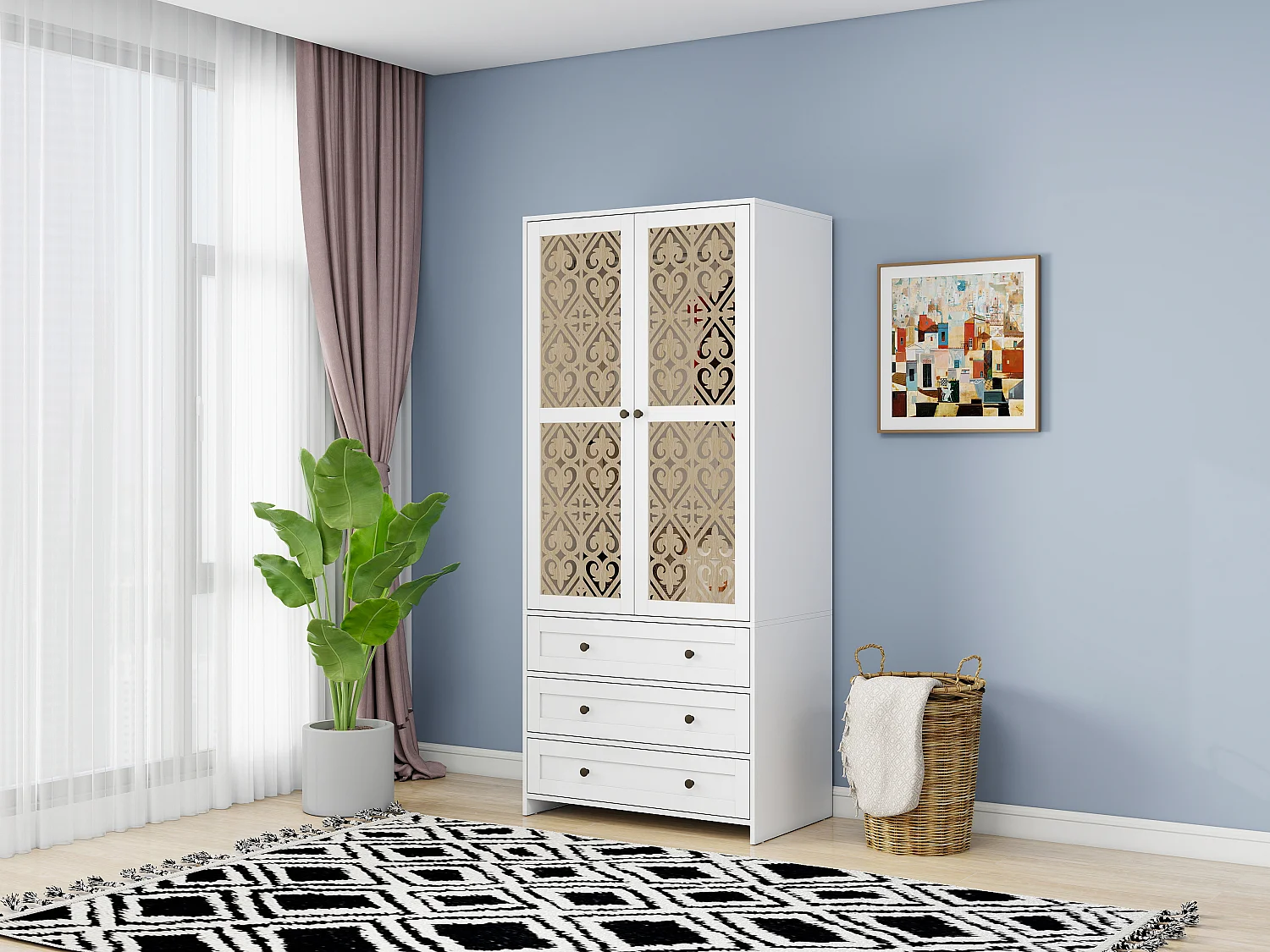 Armario bohemio blanco con motivos tallados, de aglomerado, con 3 cajones y barra de aluminio (80 x 48 x 180 cm)