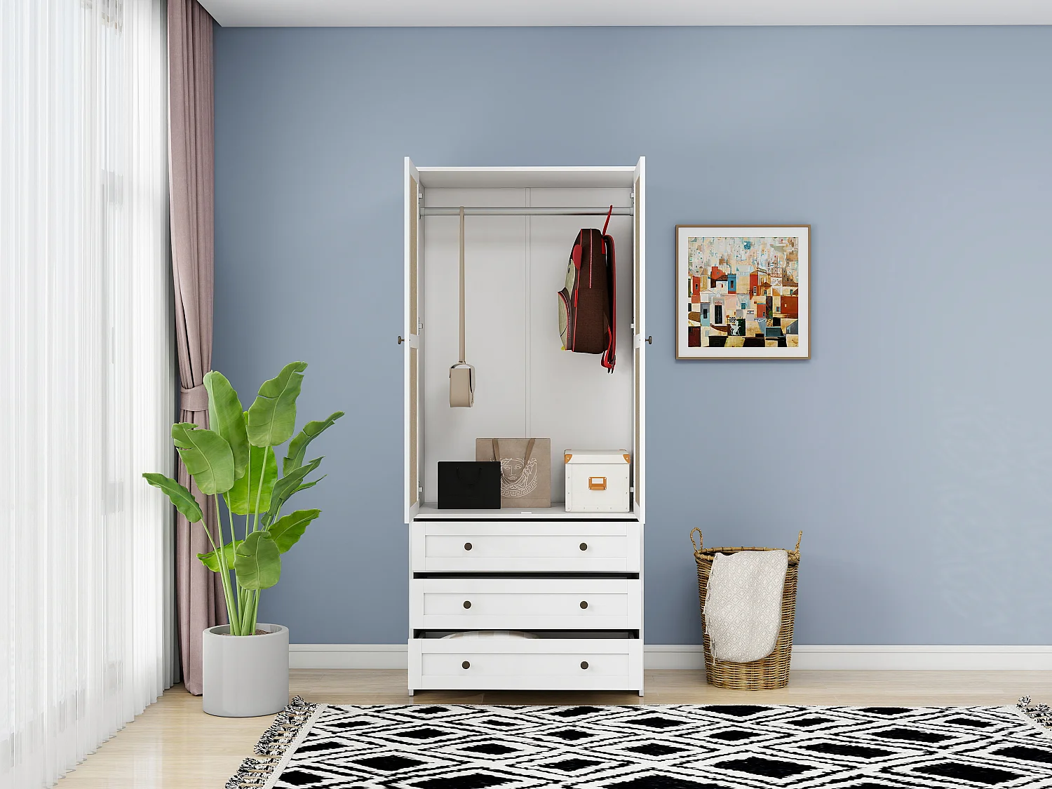 Armario bohemio blanco con motivos tallados, de aglomerado, con 3 cajones y barra de aluminio (80 x 48 x 180 cm)