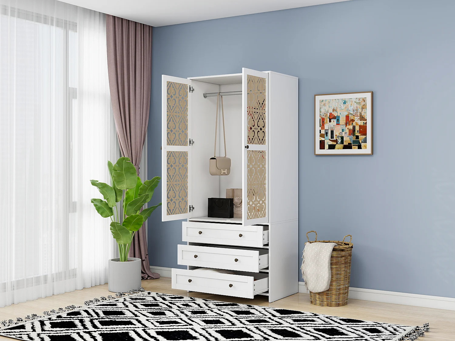 Armario bohemio blanco con motivos tallados, de aglomerado, con 3 cajones y barra de aluminio (80 x 48 x 180 cm)