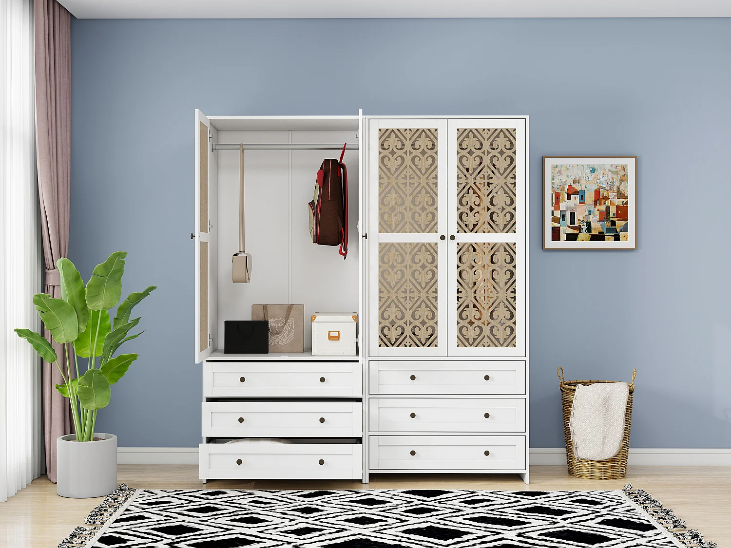 Armario bohemio blanco con motivos tallados, de aglomerado, con 3 cajones y barra de aluminio (80 x 48 x 180 cm)