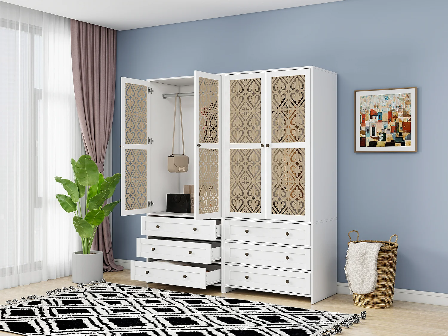 Armario bohemio blanco con motivos tallados, de aglomerado, con 3 cajones y barra de aluminio (80 x 48 x 180 cm)