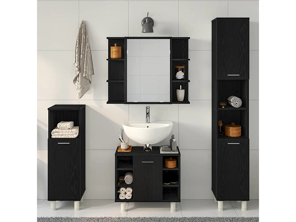 Ensemble de mobilier de salle de bain avec étagère 4 pcs Noir