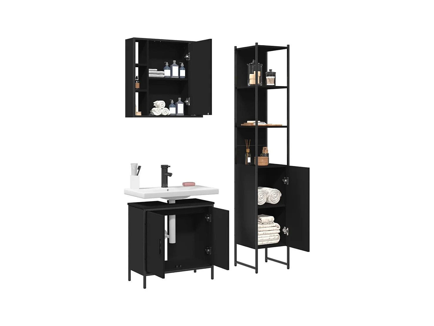 Ensemble d'armoires salle de bain 3 pcs noir bois d'ingénierie