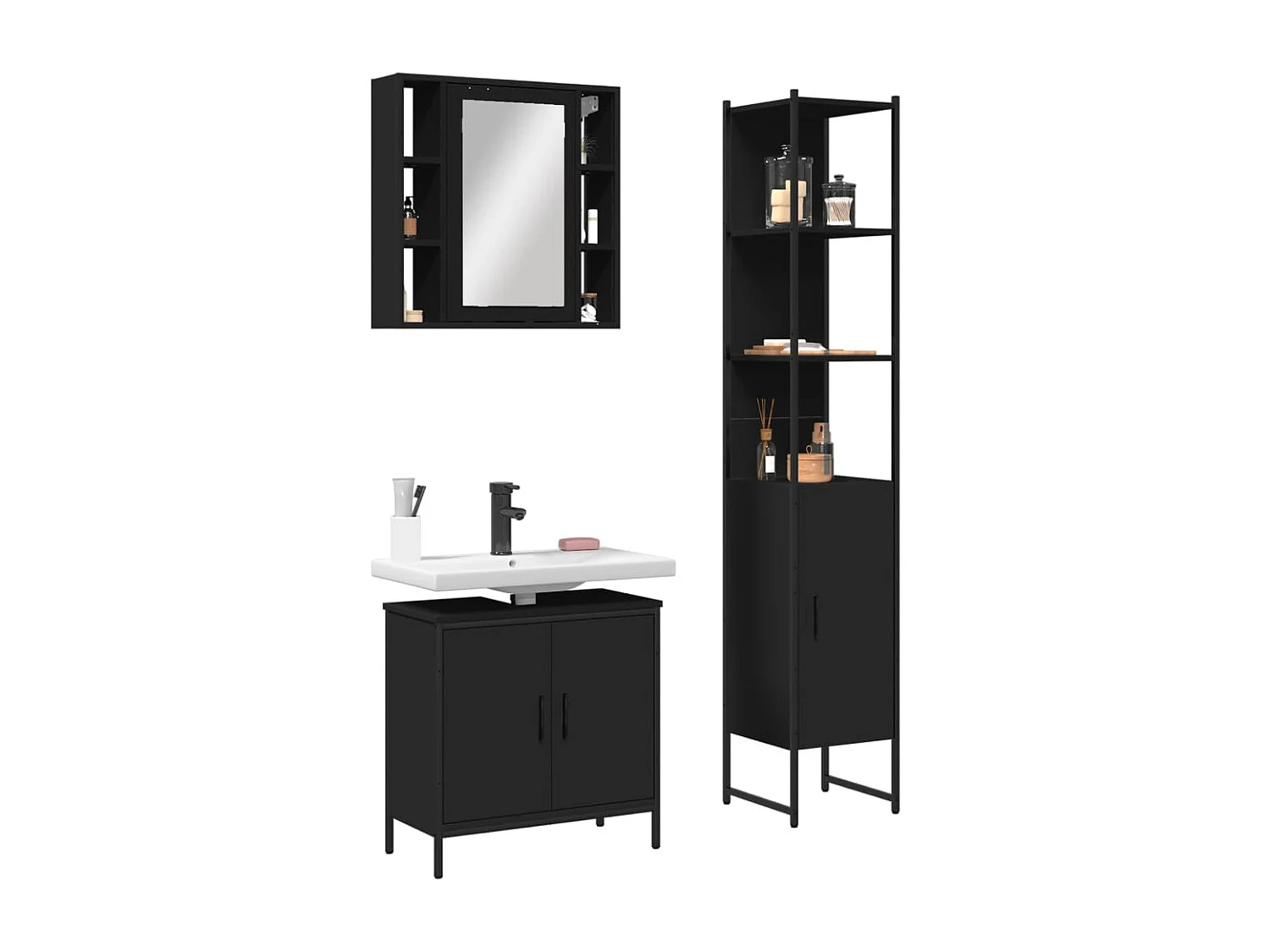 Conjunto de gabinete de baño de 3 piezas de madera de ingeniería negra