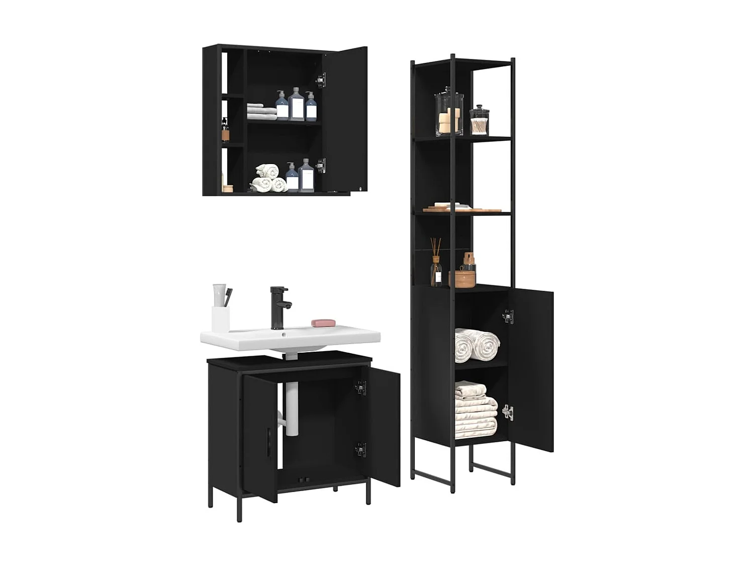 Conjunto de gabinete de baño de 3 piezas de madera de ingeniería negra