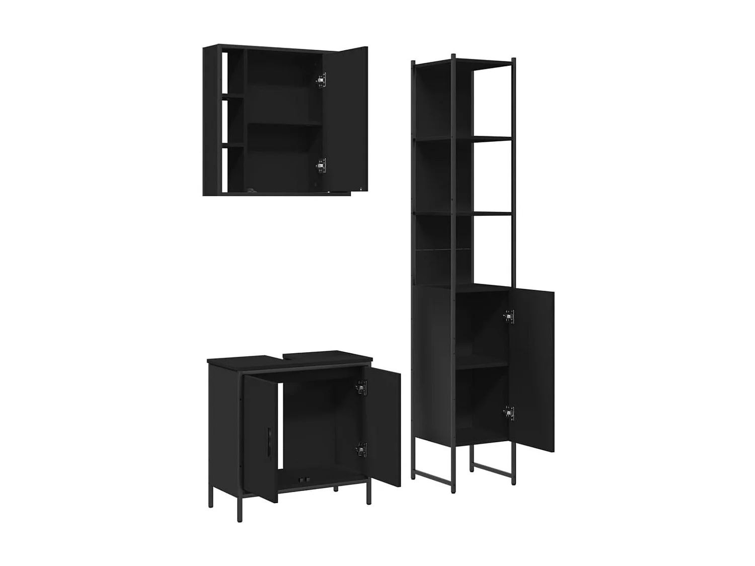Conjunto de gabinete de baño de 3 piezas de madera de ingeniería negra