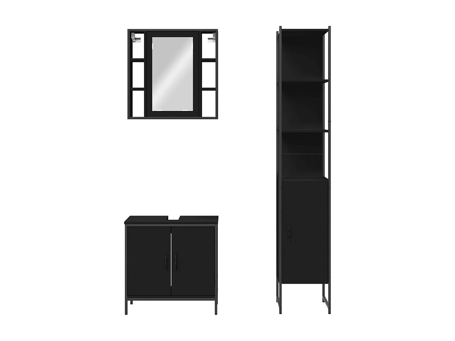 Conjunto de gabinete de baño de 3 piezas de madera de ingeniería negra