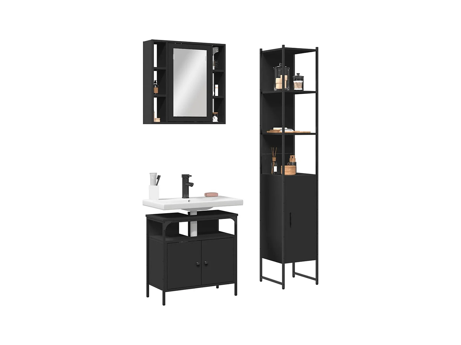 Set di mobili da bagno in legno ingegnerizzato nero, 3 pezzi