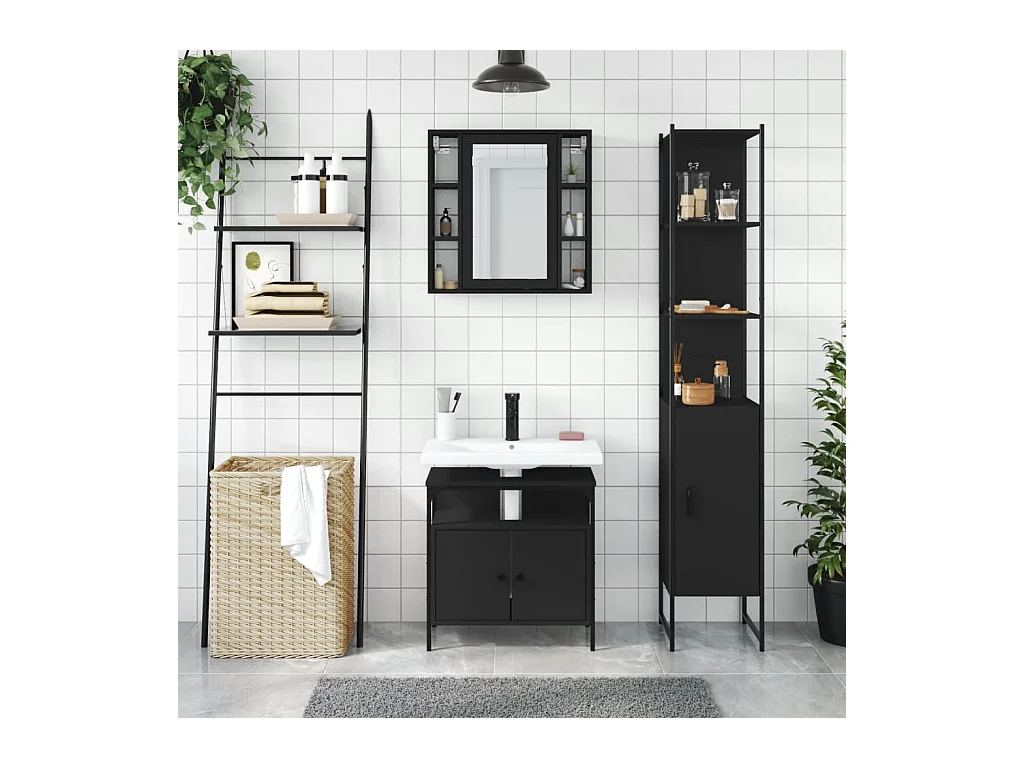 Set di mobili da bagno in legno ingegnerizzato nero, 3 pezzi