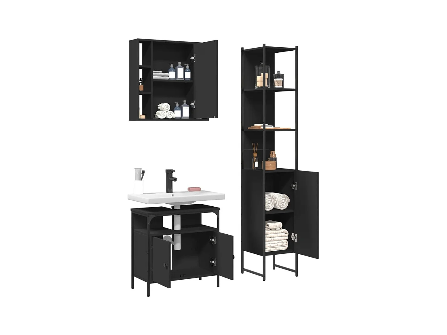 Set di mobili da bagno in legno ingegnerizzato nero, 3 pezzi