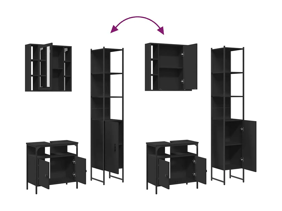 Set di mobili da bagno in legno ingegnerizzato nero, 3 pezzi