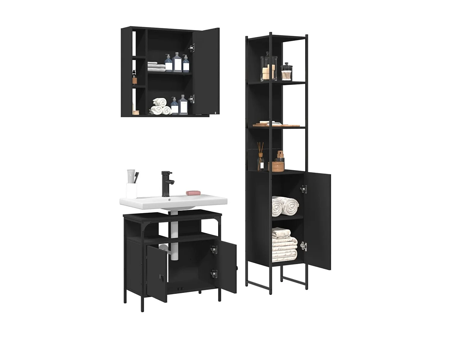 Ensemble d'armoires salle de bain 3 pcs noir bois d'ingénierie