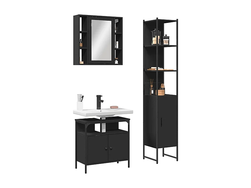 Set di mobili da bagno in legno ingegnerizzato nero, 3 pezzi