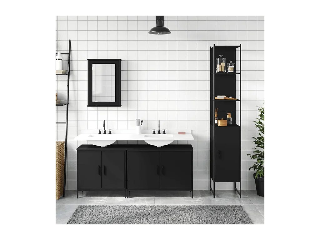 Set di mobili da bagno in legno ingegnerizzato nero da 4 pezzi