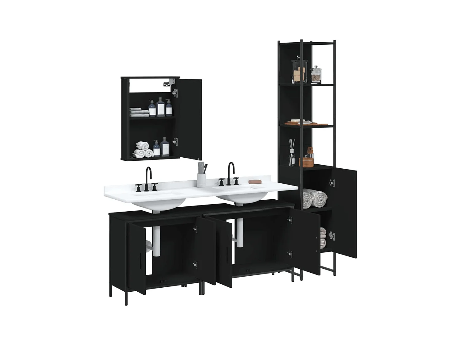 Set di mobili da bagno in legno ingegnerizzato nero da 4 pezzi