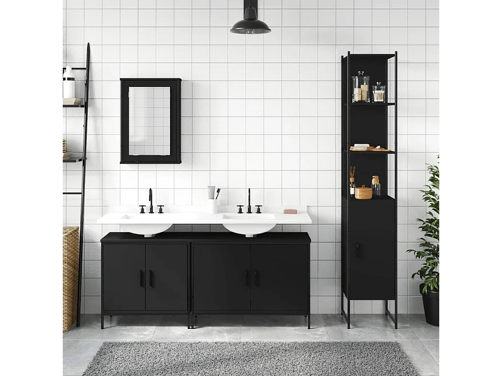 4-delige badkamermeubelset zwart bewerkt hout