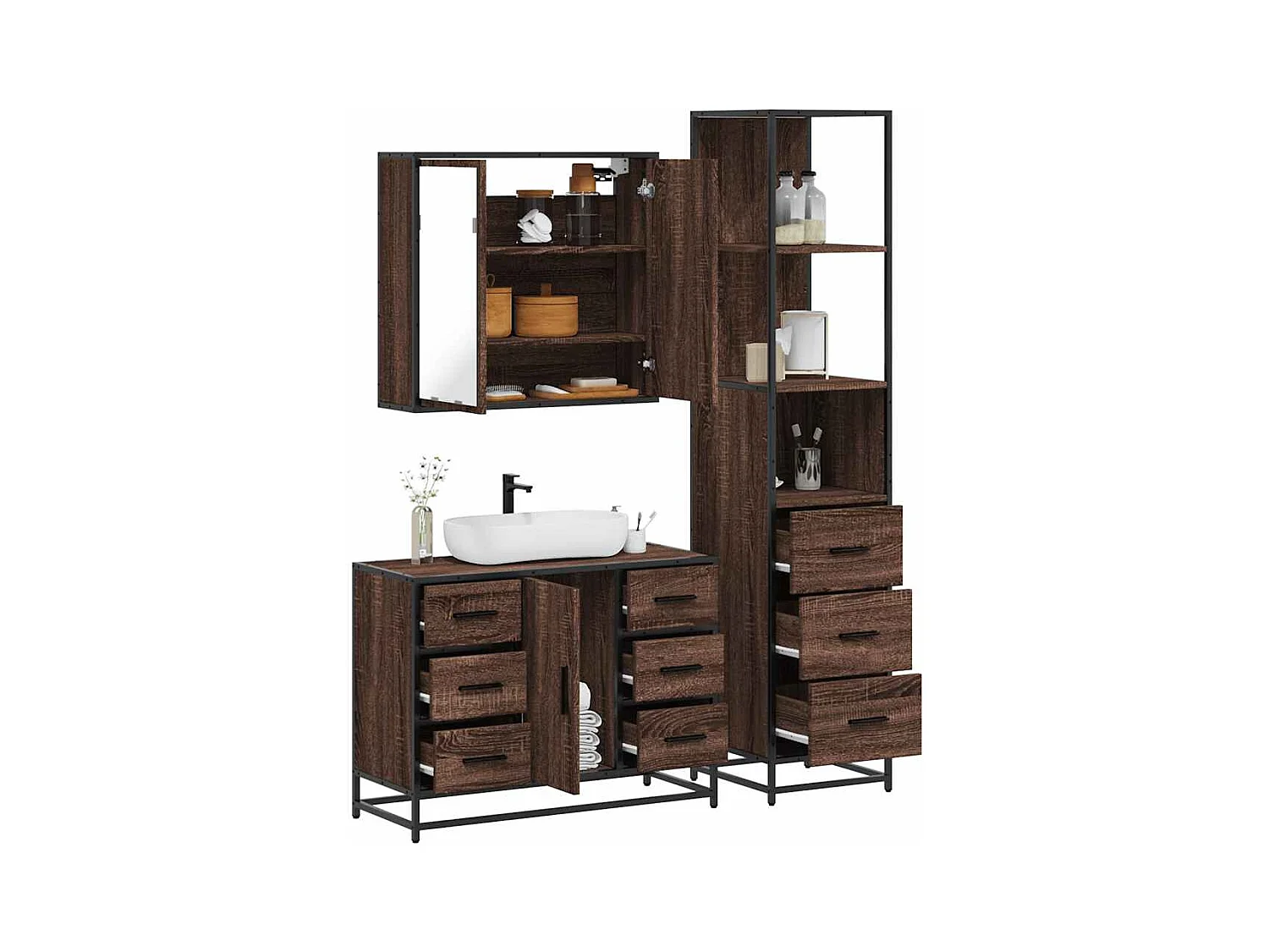 Set di mobili da bagno 3 pezzi Rovere marrone