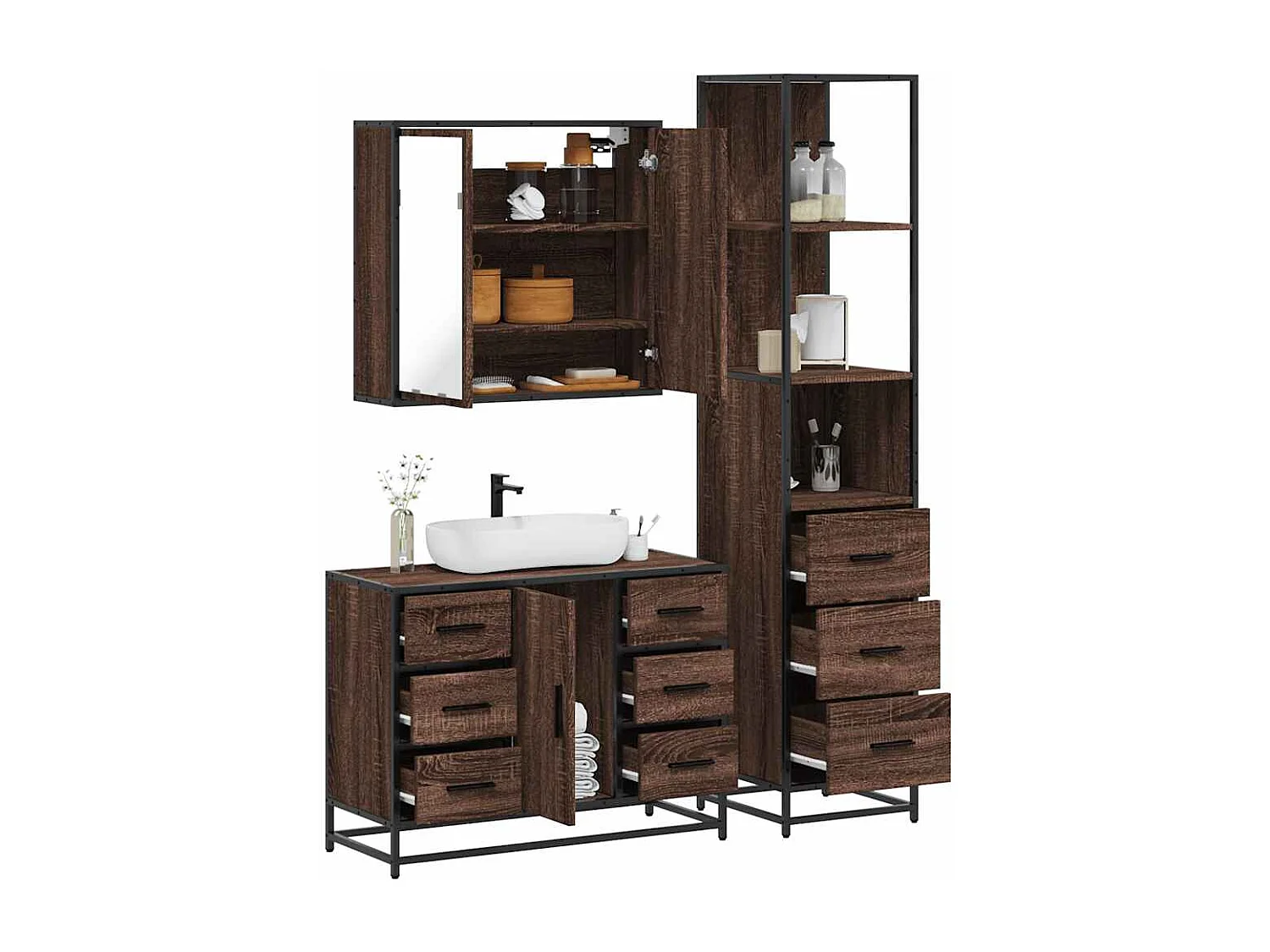 Conjunto de muebles de baño de 3 piezas Roble marrón