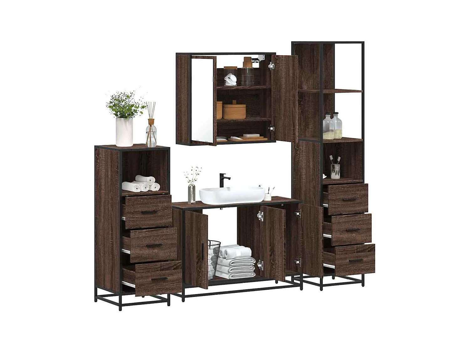 Set di mobili da bagno 4 pezzi rovere marrone