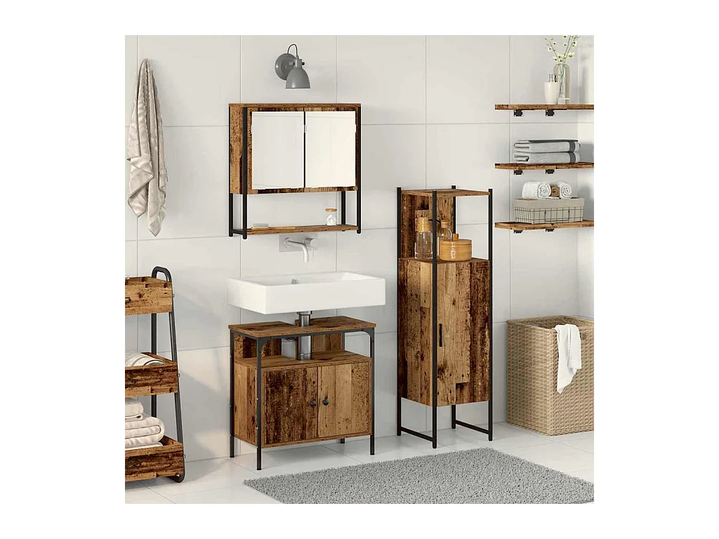 Ensemble de mobilier de salle de bain avec porte 3 pcs Marron