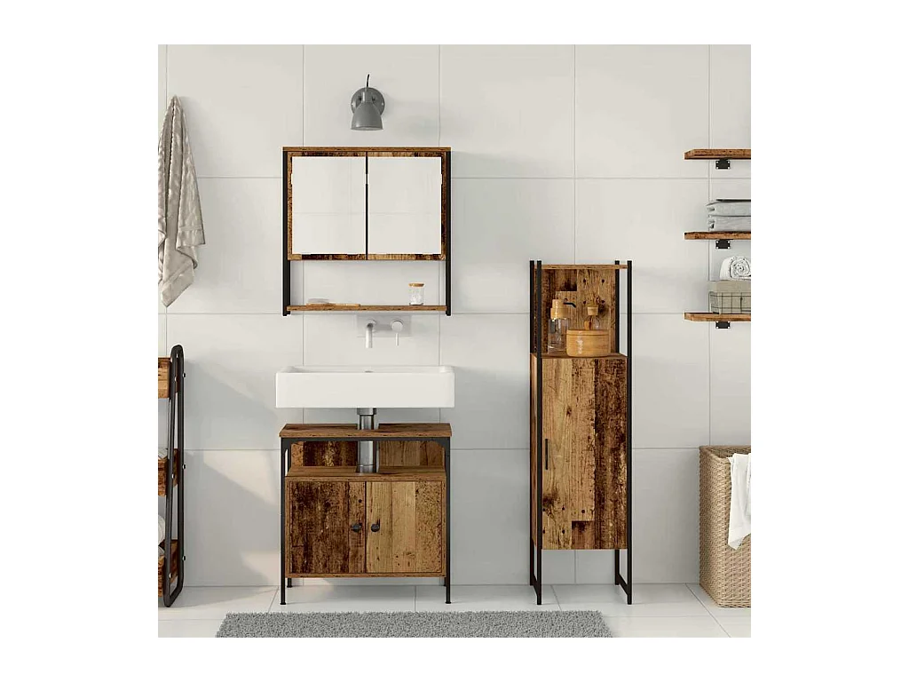 Ensemble de mobilier de salle de bain avec porte 3 pcs Marron