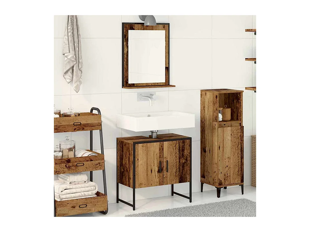 Ensemble de meuble de salle de bain 2 pièces en bois ancien et en bois d'ingénierie